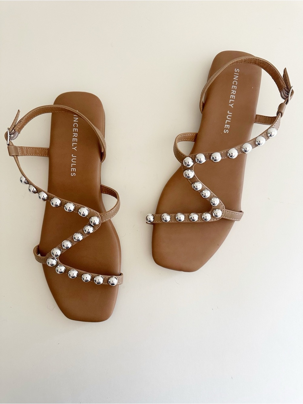 Sincerely Jules Light Brown Vegan Leather Silver Stud Strapy Sandal